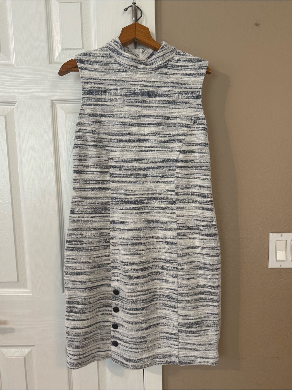 Sleeveless Mock Neck Striped Knit Dress in White & Gray